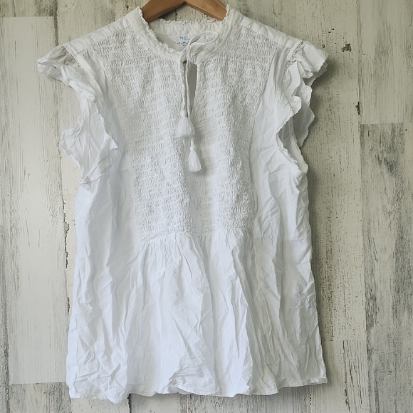 Time and Tru Tops - Time and Tru White Textured Smocked Blouse with Tassels Size XL 16-18